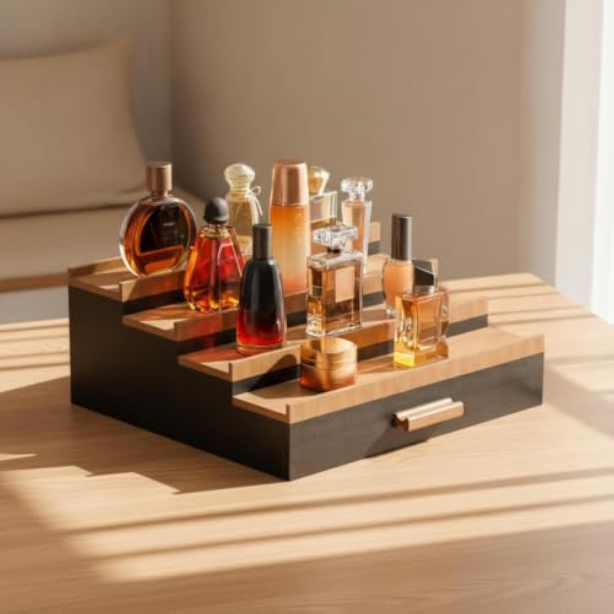 Stepped Wooden Display Rack with Drawer for Perfumes